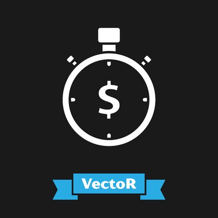 White Time is money icon isolated on black background. Money is time. Effective time management. Convert time to money. Stopwatch sign. Vector Illustrationのイラスト素材
