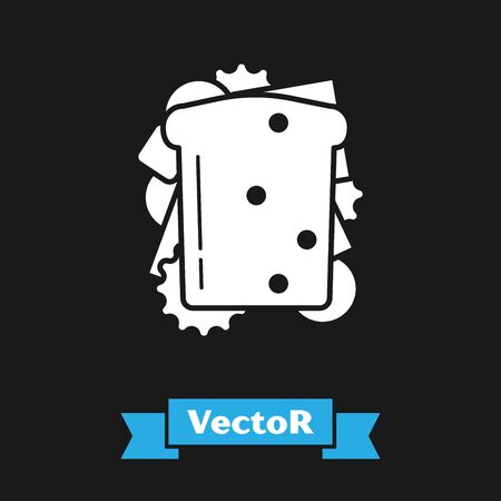 White Sandwich icon isolated on black background. Hamburger icon. Burger food symbol. Cheeseburger sandwich sign. Street fast food menu. Vector Illustrationのイラスト素材