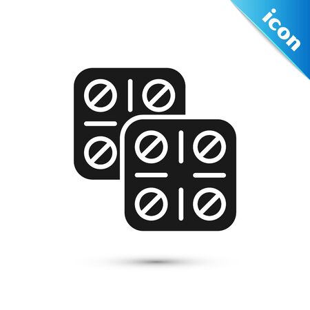 Black Pills in blister pack icon isolated on white background. Medical drug package for tablet: vitamin, antibiotic, aspirin. Vector Illustrationのイラスト素材