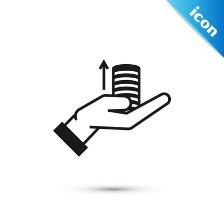 Black Money on hand icon isolated on white background. Palm holds cash with arrow up. Cash salary increase. Rising prices. Vector Illustrationのイラスト素材