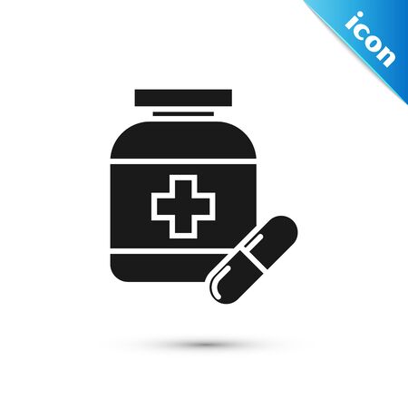 Black Medicine bottle and pills icon isolated on white background. Bottle pill sign. Pharmacy design. Vector Illustrationのイラスト素材