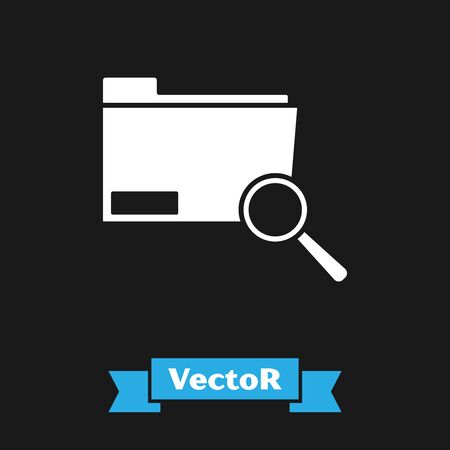 White Search concept with folder icon isolated on black background. Magnifying glass and document. Data and information sign. Vector Illustrationのイラスト素材