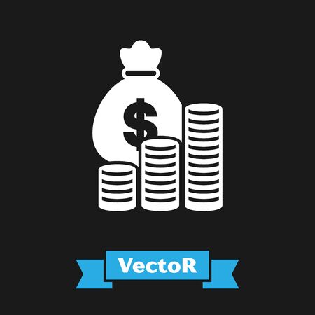 White Money bag and coin icon isolated on black background. Dollar or USD symbol. Cash Banking currency sign. Vector Illustrationのイラスト素材