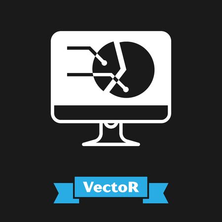 White Computer monitor with graph chart icon isolated on black background. Report text file icon. Accounting sign. Audit, analysis, planning. Vector Illustrationのイラスト素材
