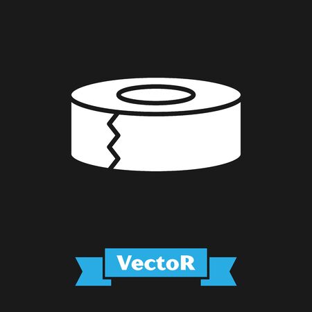 White cellophane tape icon isolated on black background. Roll of adhesive tape for work and repair. Sticky packing tape. Office tool and stuff. Vector Illustrationのイラスト素材