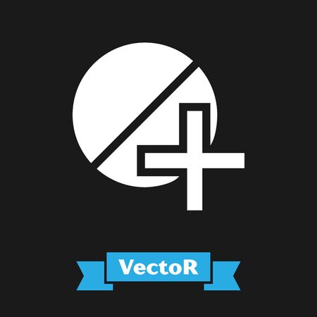 White Medicine pill or tablet icon isolated on black background. Capsule pill and drug sign. Pharmacy design. Vector Illustrationのイラスト素材