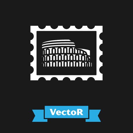 White Postal stamp and Coliseum icon isolated on black background. Colosseum sign. Symbol of Ancient Rome, gladiator fights. Vector Illustrationのイラスト素材