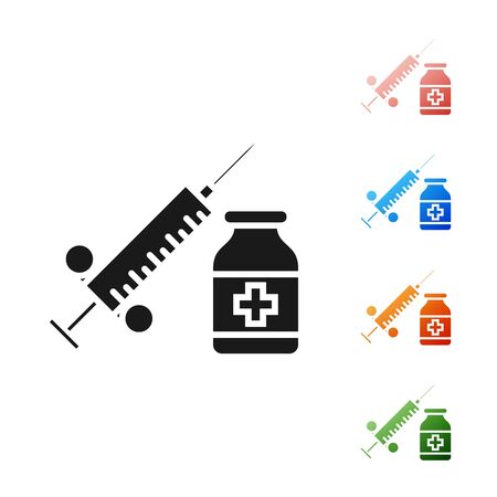 Black Medical syringe with needle and vial or ampoule icon isolated on white background. Vaccination, injection, vaccine, insulin concept. Set icons colorful. Vector Illustrationのイラスト素材