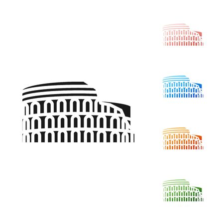 Black Coliseum in Rome, Italy icon isolated on white background. Colosseum sign. Symbol of Ancient Rome, gladiator fights. Set icons colorful. Vector Illustrationのイラスト素材