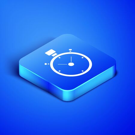 Isometric Stopwatch icon isolated on blue background. Time timer sign. Chronometer sign. Blue square button. Vector Illustrationのイラスト素材