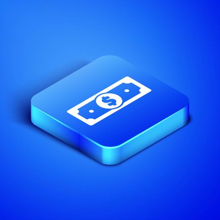 Isometric Stacks paper money cash icon isolated on blue background. Money banknotes stacks. Bill currency. Blue square button. Vector Illustrationのイラスト素材