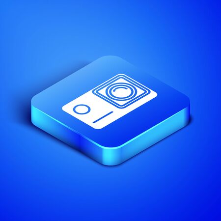 Isometric Action extreme camera icon isolated on blue background. Video camera equipment for filming extreme sports. Blue square button. Vector Illustrationのイラスト素材