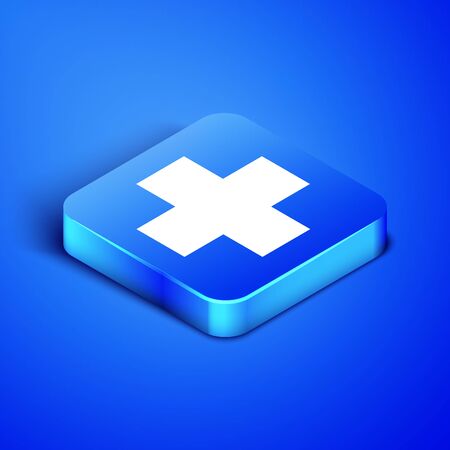 Isometric Cross hospital medical icon isolated on blue background. First aid. Diagnostics symbol. Medicine and pharmacy sign. Blue square button. Vector Illustrationのイラスト素材
