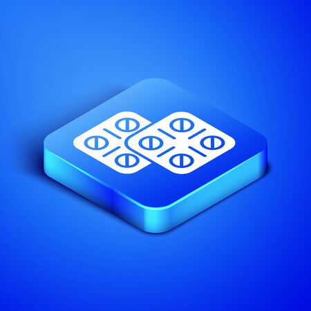 Isometric Pills in blister pack icon isolated on blue background. Medical drug package for tablet vitamin, antibiotic, aspirin. Blue square button. Vector Illustrationのイラスト素材