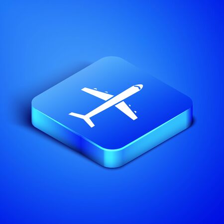 Isometric Plane icon isolated on blue background. Flying airplane icon. Airliner sign. Blue square button. Vector Illustrationのイラスト素材
