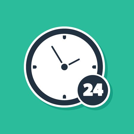 Blue Clock 24 hours icon isolated on green background. All day cyclic icon. 24 hours service symbol. Vector Illustrationのイラスト素材