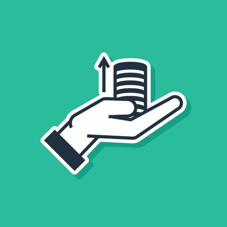 Blue Money on hand icon isolated on green background. Palm holds cash with arrow up. Cash salary increase. Rising prices. Vector Illustrationのイラスト素材