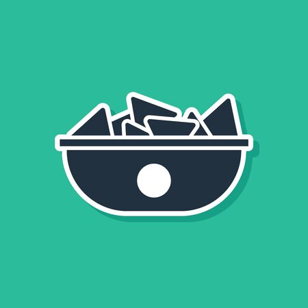 Blue Nachos in plate icon isolated on green background. Tortilla chips or nachos tortillas. Traditional mexican fast food menu. Vector Illustrationのイラスト素材