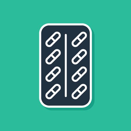 Blue Pills in blister pack icon isolated on green background. Medical drug package for tablet vitamin, antibiotic, aspirin. Vector Illustrationのイラスト素材