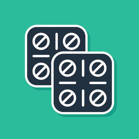 Blue Pills in blister pack icon isolated on green background. Medical drug package for tablet vitamin, antibiotic, aspirin. Vector Illustrationのイラスト素材