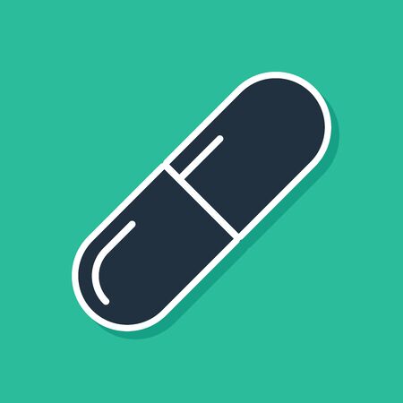 Blue Medicine pill or tablet icon isolated on green background. Capsule pill and drug sign. Pharmacy design. Vector Illustrationのイラスト素材