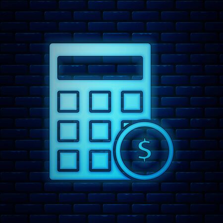 Glowing neon Calculator with dollar symbol icon isolated on brick wall background. Money saving concept. Accounting symbol. Vector Illustrationのイラスト素材