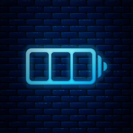 Glowing neon Battery charge level indicator icon isolated on brick wall background. Vector Illustrationのイラスト素材