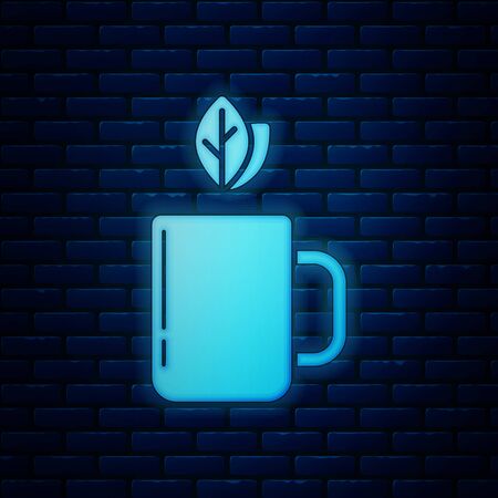 Glowing neon Cup of tea and leaf icon isolated on brick wall background. Vector Illustrationのイラスト素材