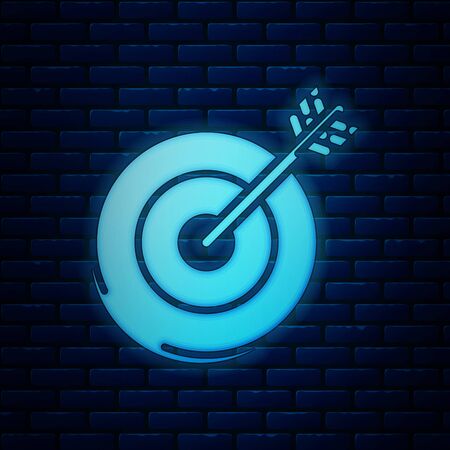 Glowing neon Target icon isolated on brick wall background. Investment target icon. Successful business concept. Cash or Money sign. Vector Illustrationのイラスト素材
