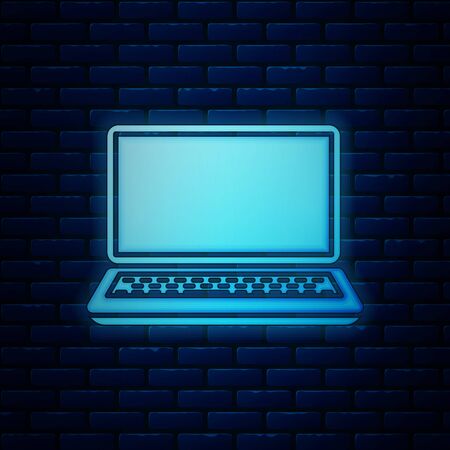 Glowing neon Laptop icon isolated on brick wall background. Computer notebook with empty screen sign. Vector Illustrationのイラスト素材