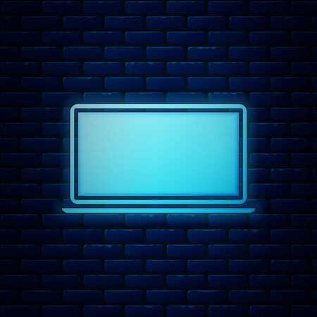 Glowing neon Laptop icon isolated on brick wall background. Computer notebook with empty screen sign. Vector Illustrationのイラスト素材