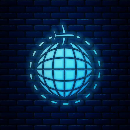 Glowing neon Globe with flying plane icon isolated on brick wall background. Airplane fly around the planet earth. Aircraft world icon. Vector Illustrationのイラスト素材