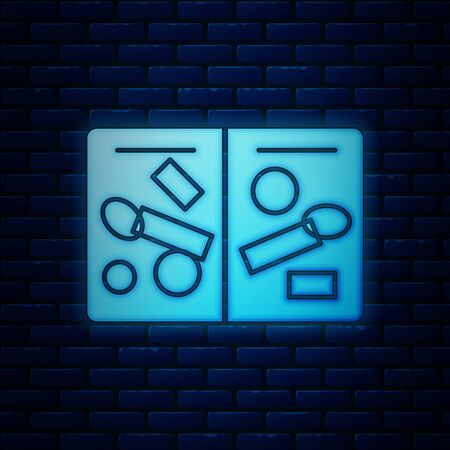 Glowing neon Passport pages with visa stamps icon isolated on brick wall background. Opened foreign passport with custom visa stamps. Travel concept. Vector Illustrationのイラスト素材