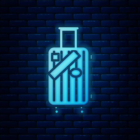 Glowing neon Suitcase for travel and stickers icon isolated on brick wall background. Traveling baggage sign. Travel luggage icon. Vector Illustrationのイラスト素材