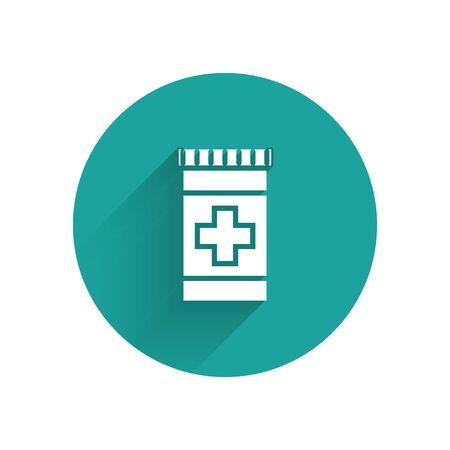 White Medicine bottle icon isolated with long shadow. Bottle pill sign. Pharmacy design. Green circle button. Vector Illustrationのイラスト素材