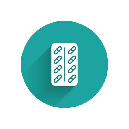 White Pills in blister pack icon isolated with long shadow. Medical drug package for tablet: vitamin, antibiotic, aspirin. Green circle button. Vector Illustrationのイラスト素材