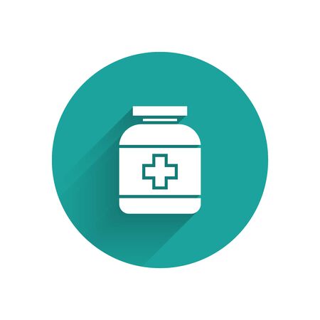 White Medicine bottle icon isolated with long shadow. Bottle pill sign. Pharmacy design. Green circle button. Vector Illustrationのイラスト素材