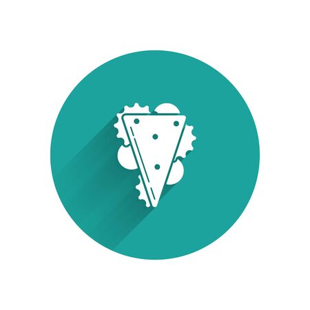 White Sandwich icon isolated with long shadow. Hamburger icon. Burger food symbol. Cheeseburger sandwich sign. Street fast food menu. Green circle button. Vector Illustrationのイラスト素材