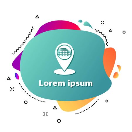 White Map pointer with Coliseum in Rome, Italy icon isolated on white background. Colosseum sign. Symbol of Ancient Rome, gladiator fights. Abstract banner with liquid shapes. Vector Illustrationのイラスト素材