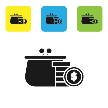 Black Wallet with coins icon isolated on white background. Purse icon. Cash savings symbol. Set icons colorful square buttons. Vector Illustrationのイラスト素材