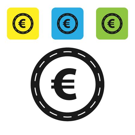Black Coin money with euro symbol icon isolated on white background. Banking currency sign. Cash symbol. Set icons colorful square buttons. Vector Illustrationのイラスト素材