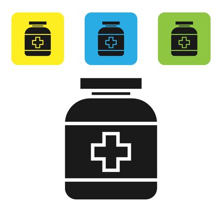 Black Medicine bottle icon isolated on white background. Bottle pill sign. Pharmacy design. Set icons colorful square buttons. Vector Illustrationのイラスト素材