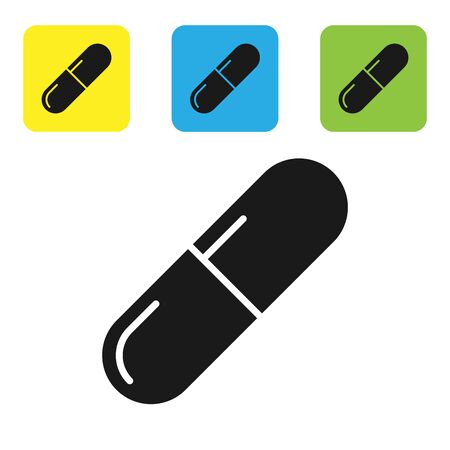 Black Medicine pill or tablet icon isolated on white background. Capsule pill and drug sign. Pharmacy design. Set icons colorful square buttons. Vector Illustrationのイラスト素材