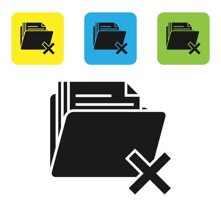 Black Delete folder icon isolated on white background. Folder with recycle bin. Delete or error folder. Close computer information folder. Set icons colorful square buttons. Vector Illustrationのイラスト素材