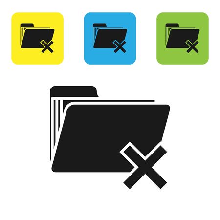 Black Delete folder icon isolated on white background. Folder with recycle bin. Delete or error folder. Close computer information folder. Set icons colorful square buttons. Vector Illustrationのイラスト素材