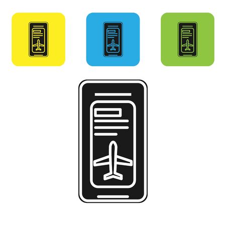 Black Smartphone with electronic boarding pass airline ticket icon isolated on white background. Passenger plane mobile ticket for web and app. Set icons colorful square buttons. Vector Illustrationのイラスト素材