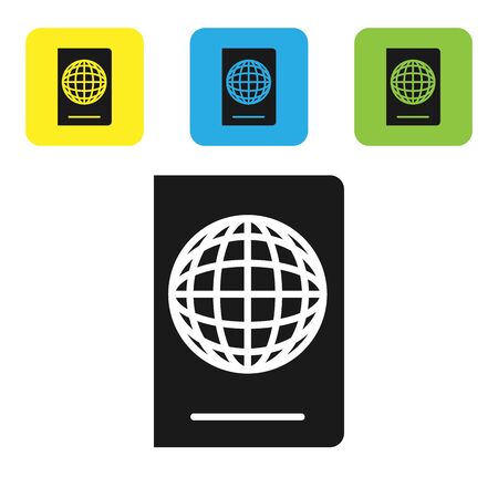 Black Passport with biometric data icon isolated on white background. Identification Document. Set icons colorful square buttons. Vector Illustrationのイラスト素材