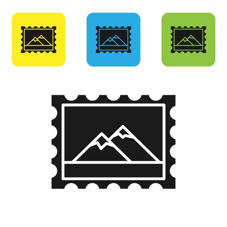 Black Postal stamp and Mountains icon isolated on white background. Set icons colorful square buttons. Vector Illustrationのイラスト素材