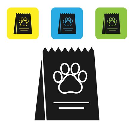 Black Bag of food for dog icon isolated on white background. Dog or cat paw print. Food for animals. Pet food package. Set icons colorful square buttons. Vector Illustrationのイラスト素材