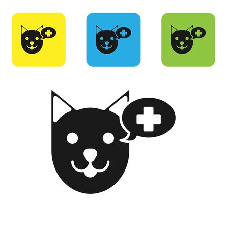 Black Veterinary clinic symbol icon isolated on white background. Cross with dog veterinary care. Pet First Aid sign. Set icons colorful square buttons. Vector Illustrationのイラスト素材